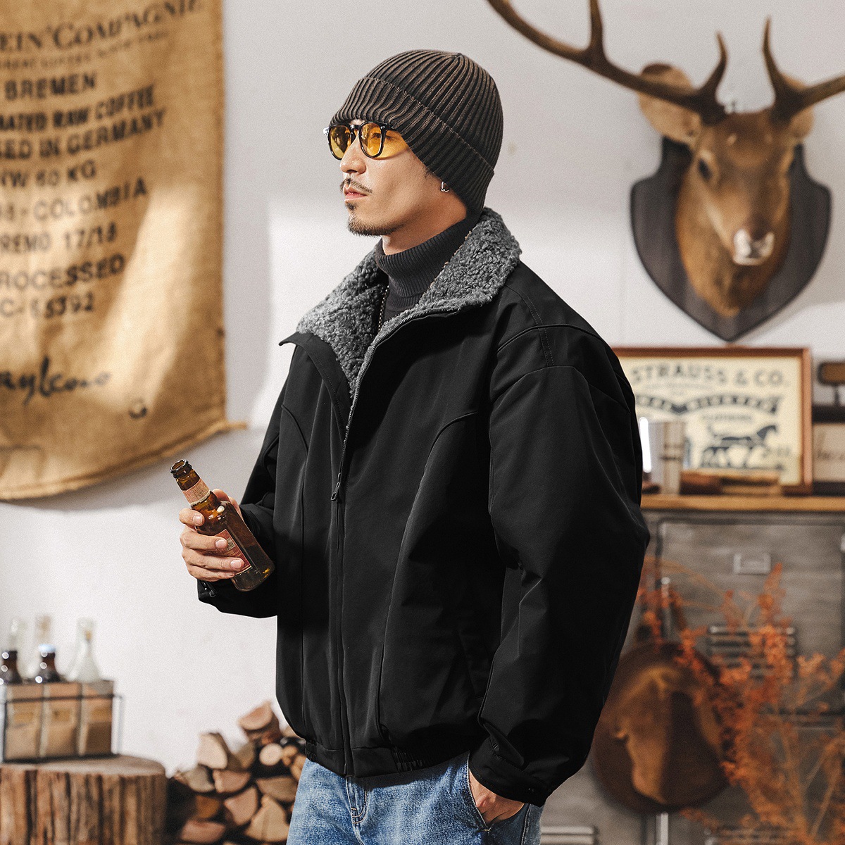 美式復古90鴨絨座山雕毛領羽絨服男冬季加厚禦寒羊羔毛保暖外套男