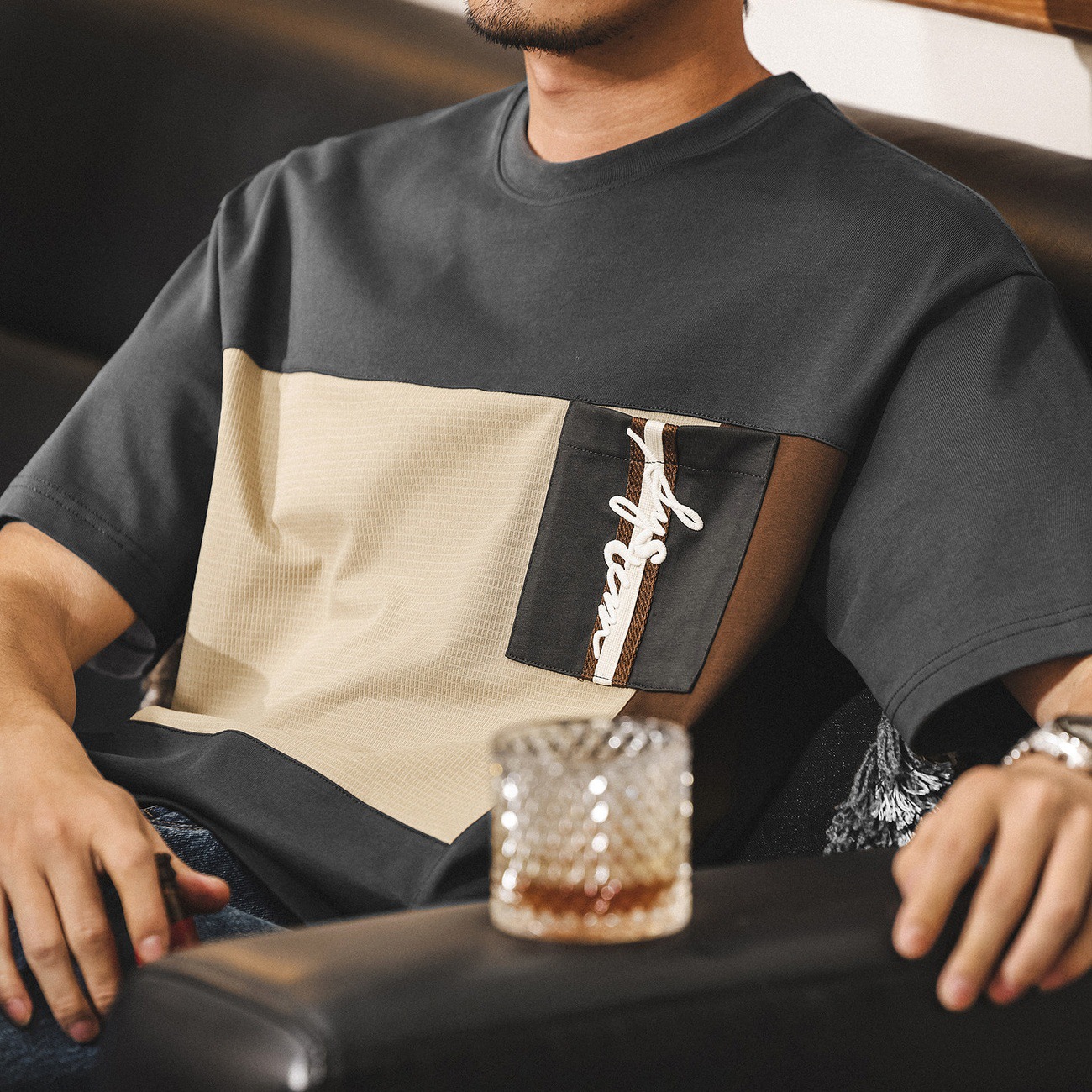 美式復古300g重磅T恤男士短袖2026新款夏季潮流撞色拼接寬鬆上衣