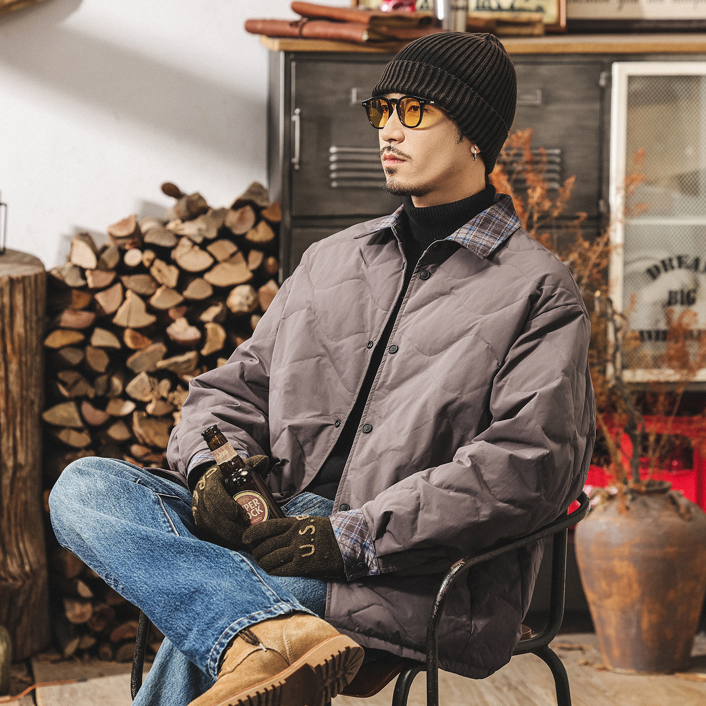 雙面穿美式復古90%純白鴨絨輕薄羽絨服男冬季潮牌襯衫羽絨外套男