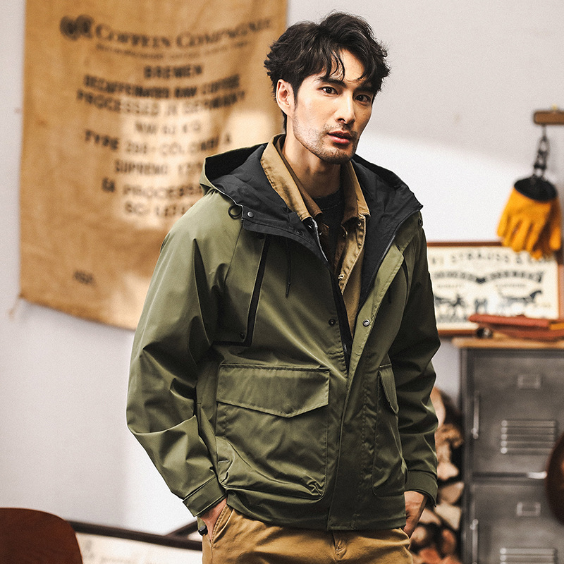 美式復古工裝外套男秋季山系戶外機能連帽衝鋒衣男士潮流休閒夾克