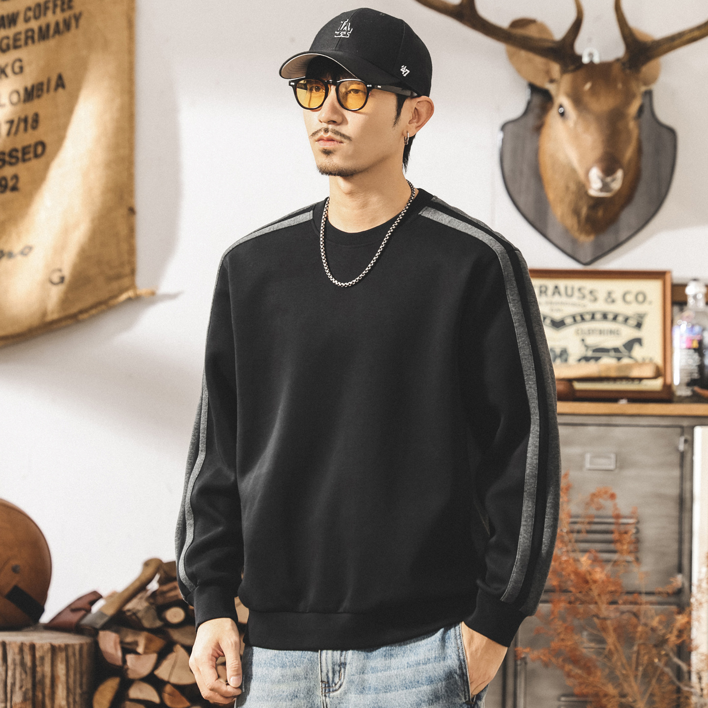 美式復古圓領撞色重磅衛衣男春秋款潮牌設計感拼接寬鬆秋季上衣男