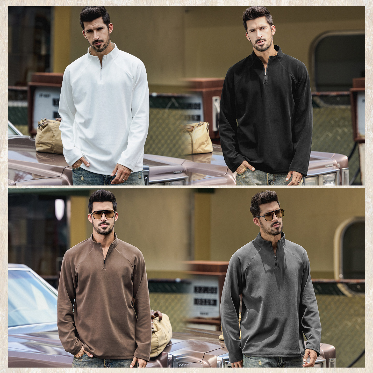 美式復古重磅T恤男春季新款拉鍊半高領衛衣男寬鬆打底衫長袖上衣