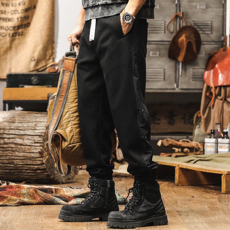美式復古黑色工裝褲子男秋季2024新款潮牌運動排扣束腳男士休閒褲