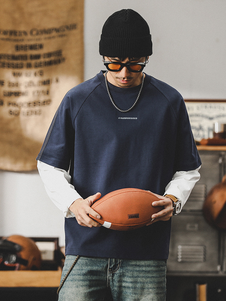 280g重磅T恤男長袖2024年新款假兩件拼接潮牌男士上衣寬鬆衣服男