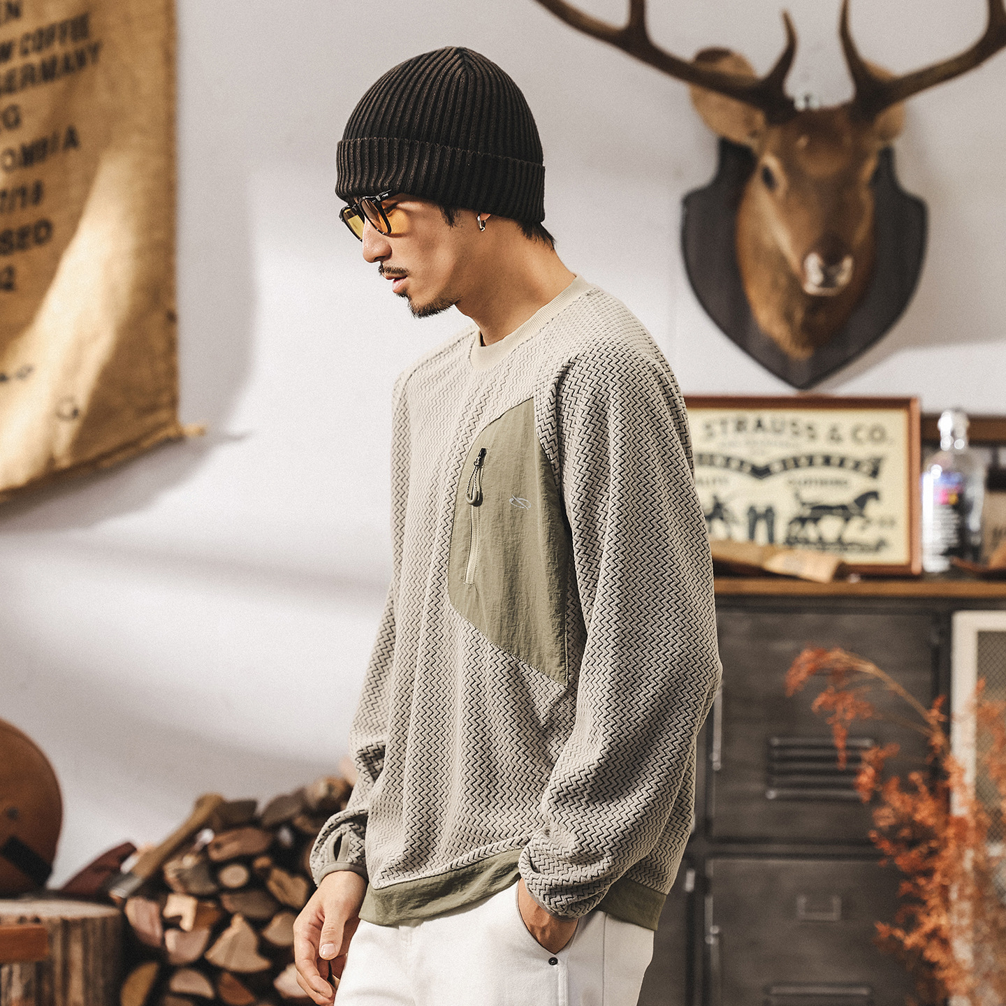 環保可再生戶外通勤波浪紋衛衣男春秋新款美式復古寬鬆長袖t恤男