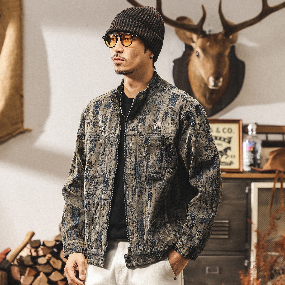 美式復古廢土風髒髒植絨牛仔外套男春秋潮流痞帥潮牌休閒男士夾克