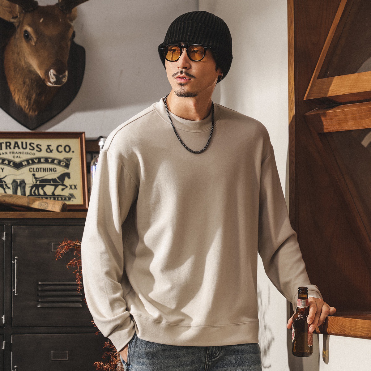 美式復古秋冬保暖親膚德絨打底衫男士春秋新款純色內搭長袖t恤男