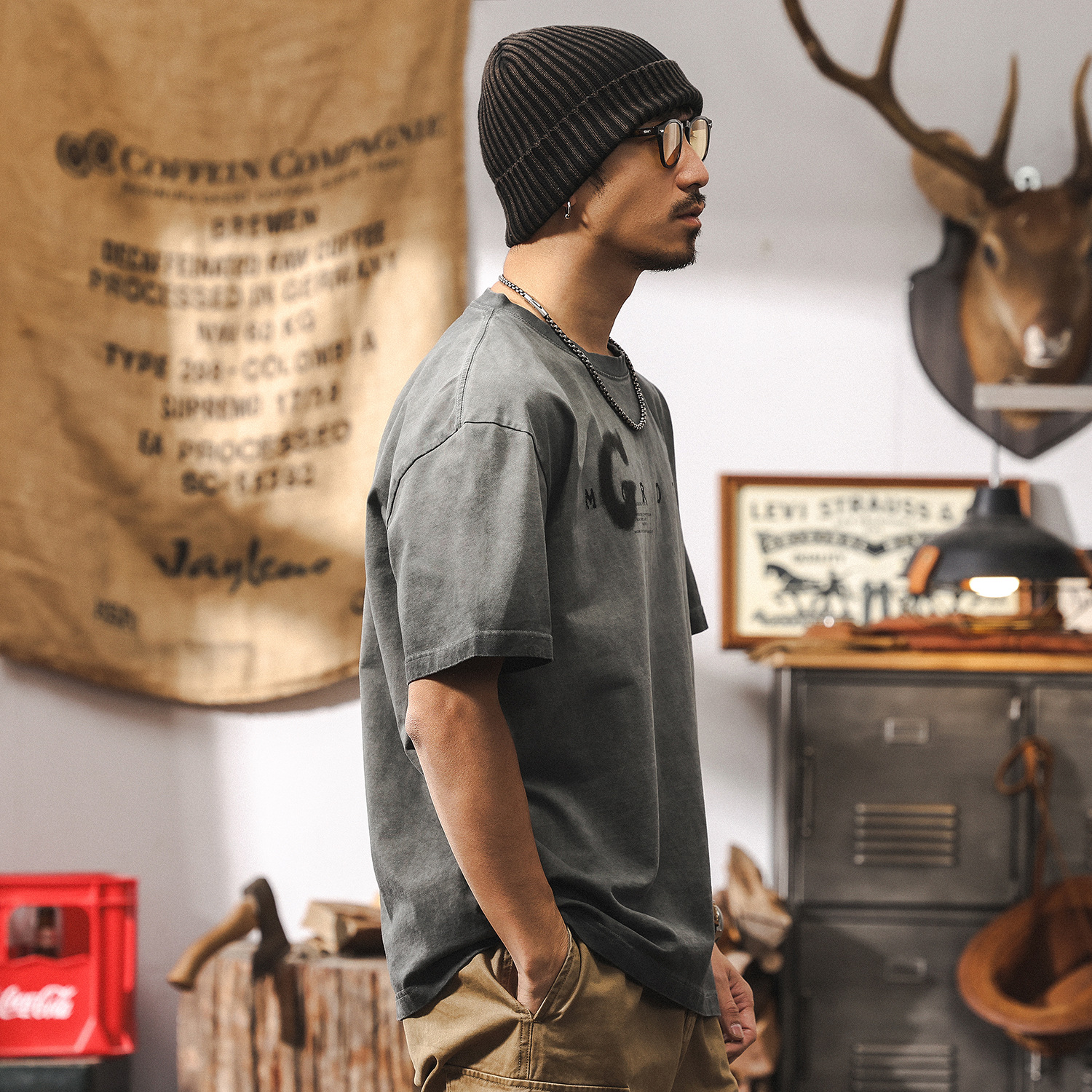 阿蘇特洗褪炒色短袖T恤男夏季美式復古臟染做舊水洗寬鬆休閒上衣T