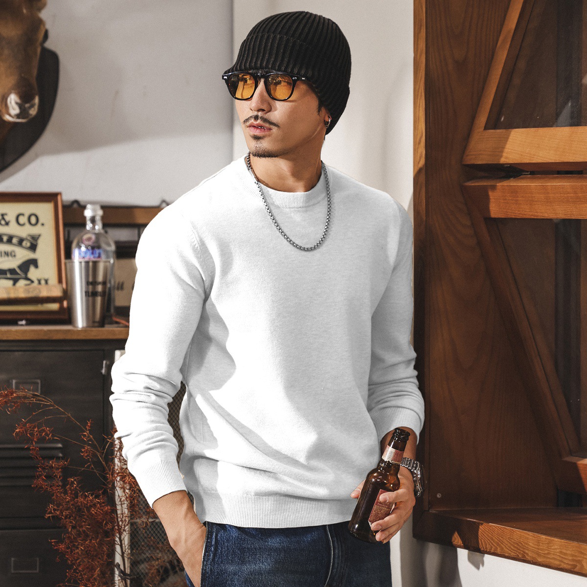 美式復古毛衣男秋冬新款潮牌保暖純色休閒內搭上衣男士針織打底衫