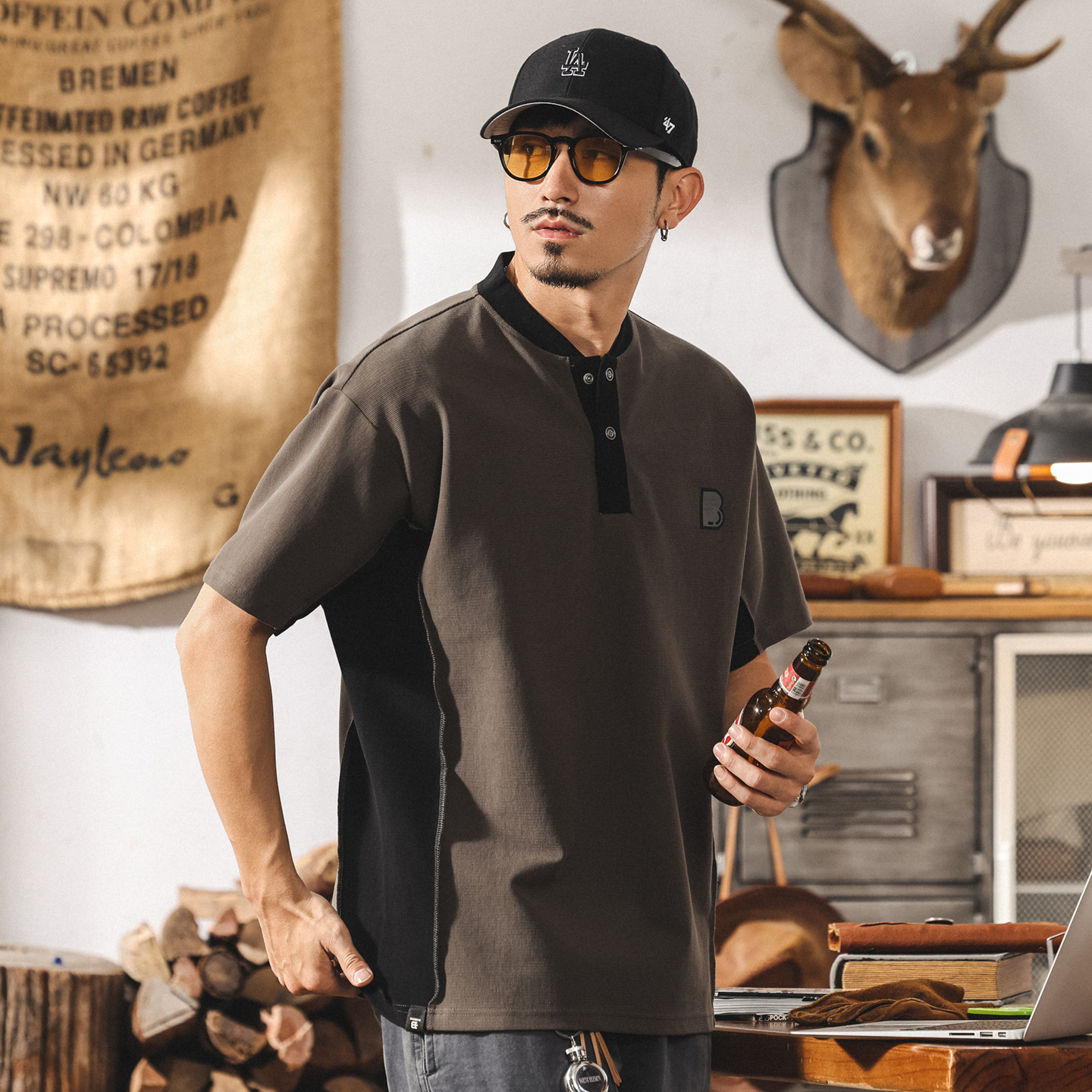 美式復古潮流撞色亨利領短袖t恤男夏季潮牌Polo衫男款寬鬆上衣潮T