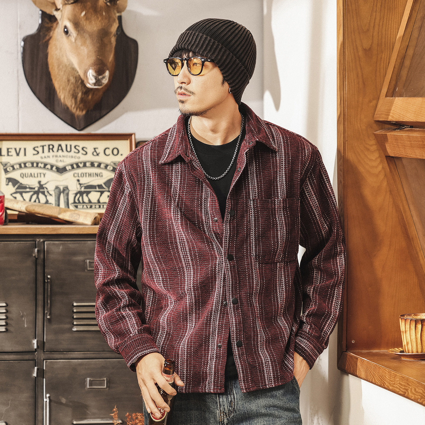 美式復古雪尼爾條紋提花襯衫男春秋新款古着長袖襯衣寬鬆休閒外套