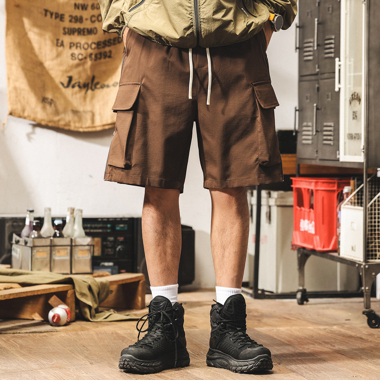 美拉德復古潮牌側邊拉鍊工裝短褲男夏季新款戶外寬鬆速幹五分中褲