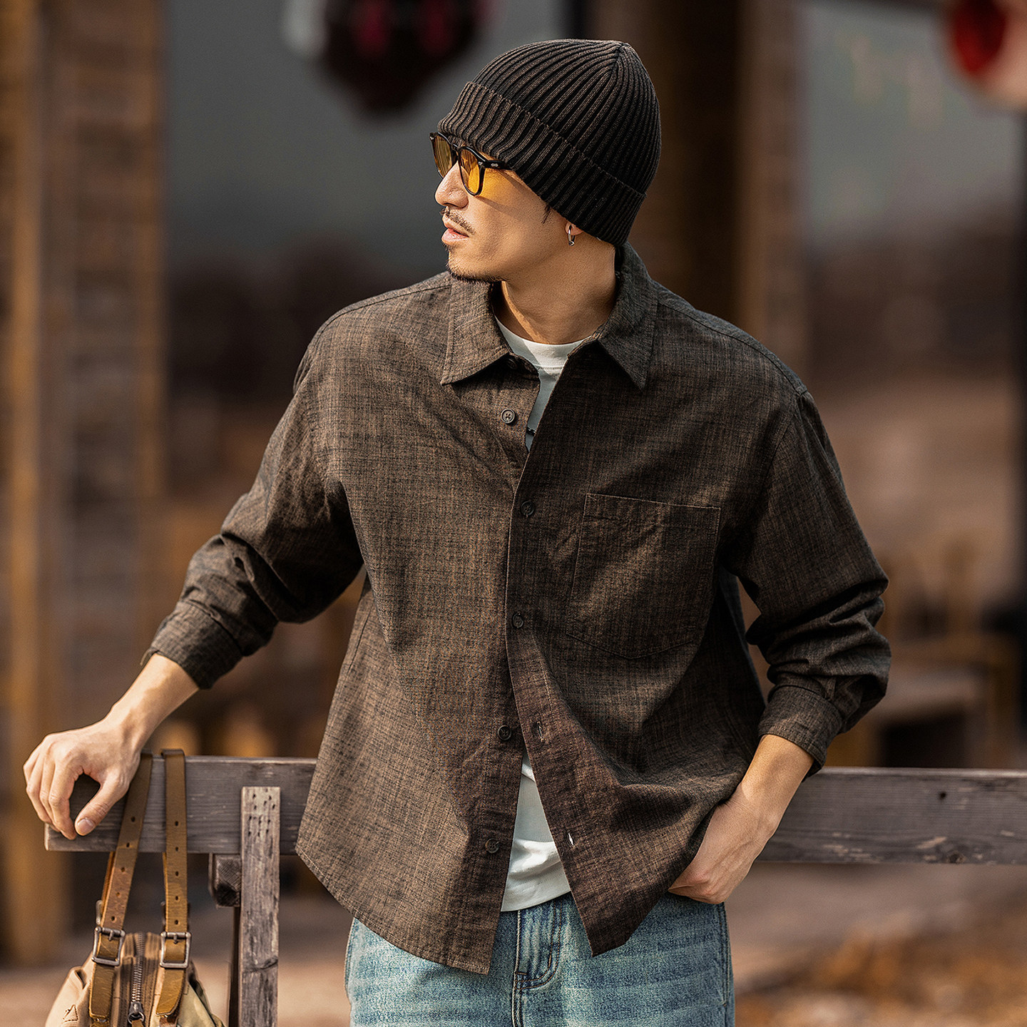 美式復古老錢風仿麻襯衫男長袖春季新款竹節寬鬆休閒襯衣外套