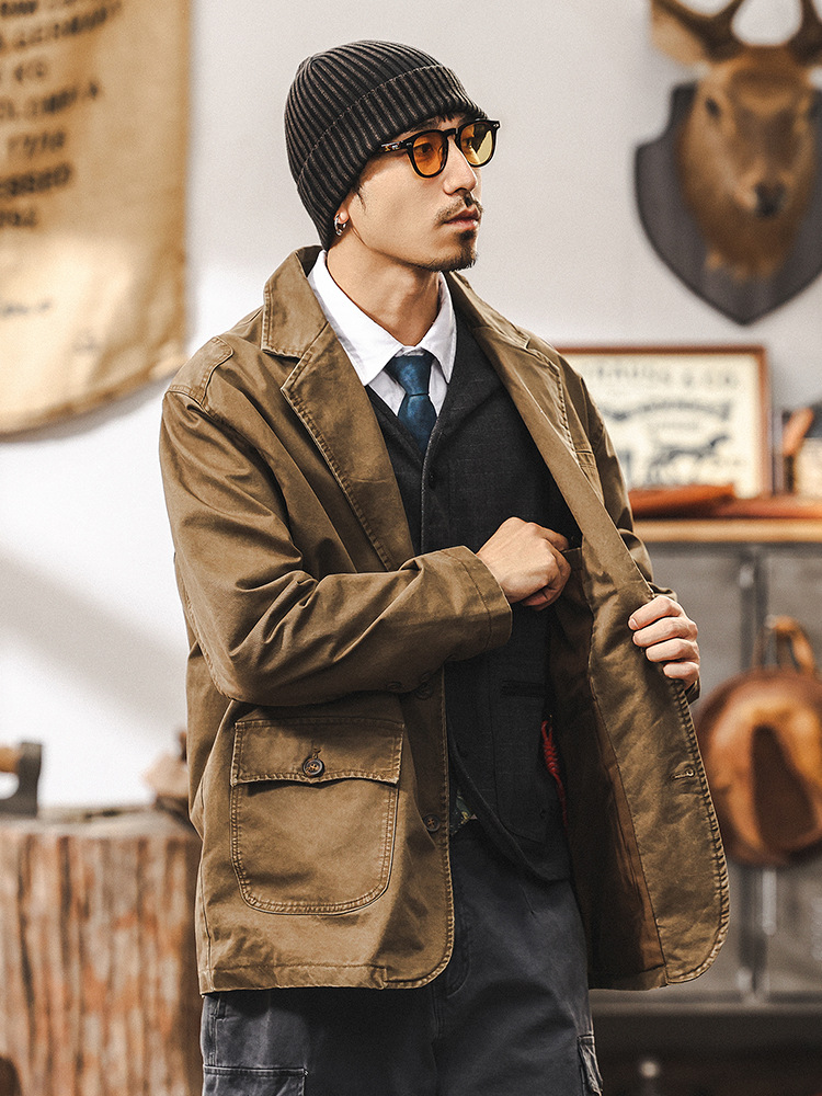 美式復古休閒西裝美拉德外套男春季潮牌2025新款做舊水洗工裝西服