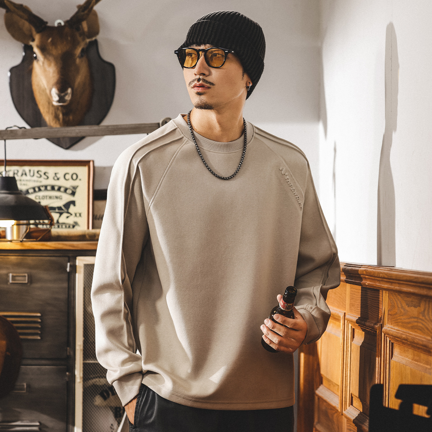 美式復古300g重磅t恤男長袖秋季2025新款圓領衛衣男春秋寬鬆上衣T