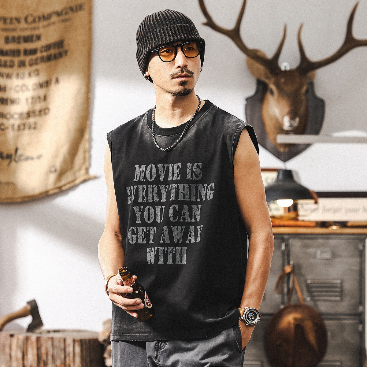 美式復古水洗運動健身坎肩背心男夏季2025新款潮流寬鬆無袖T恤男