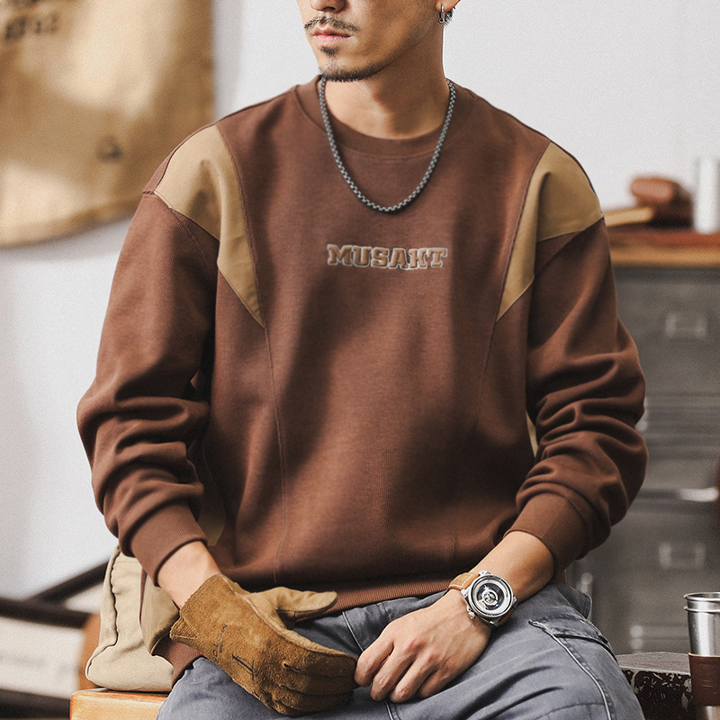 傑雷諾美式複古重磅衛衣男潮牌拼接撞色秋季衣服寬松男士休閑上衣