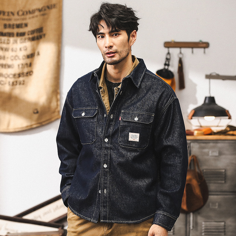 美式經典復古丹寧原色水洗牛仔外套男春秋款寬鬆休閒工裝襯衫夾克