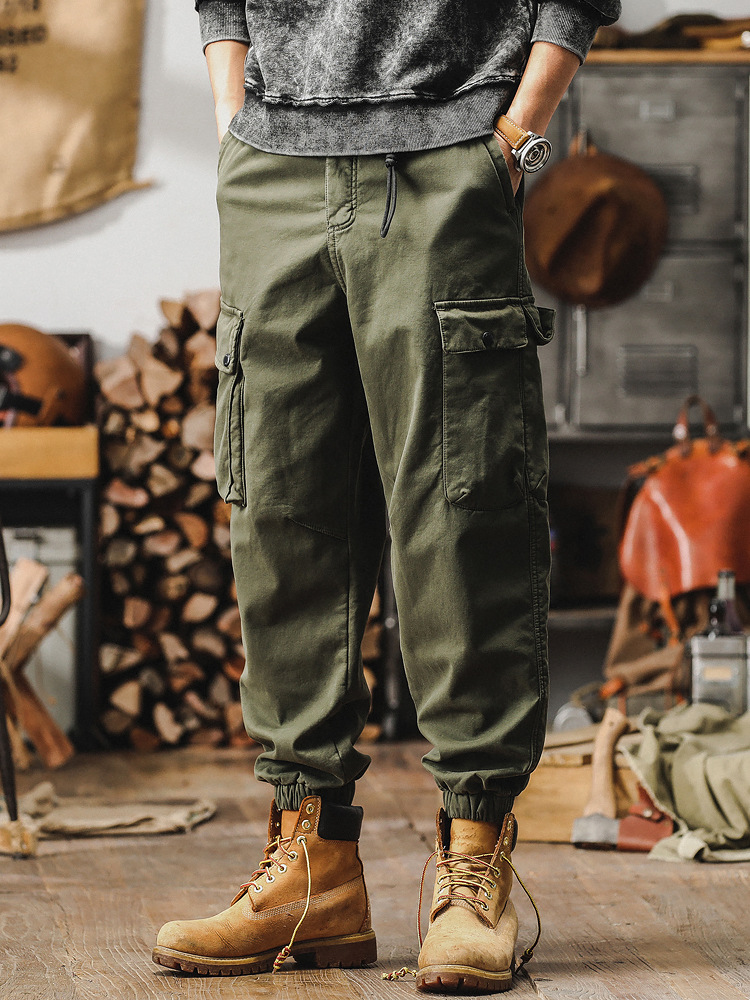 男士春季褲子潮牌2024新款軍綠色工裝褲男寬鬆直筒束腳男士休閒褲