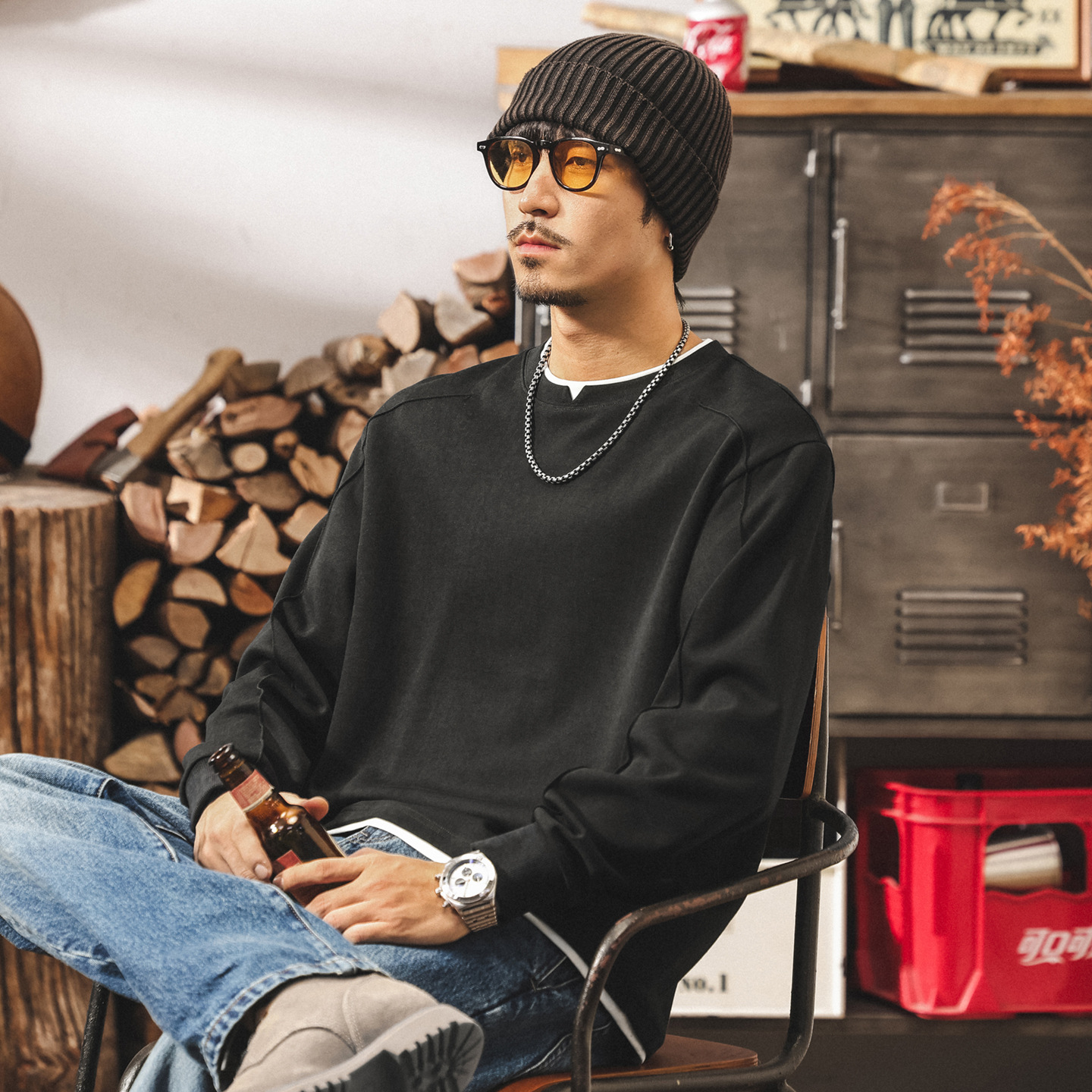 美式復古260g重磅長袖t恤男寬鬆秋季新款潮牌拼接假兩件男裝上衣