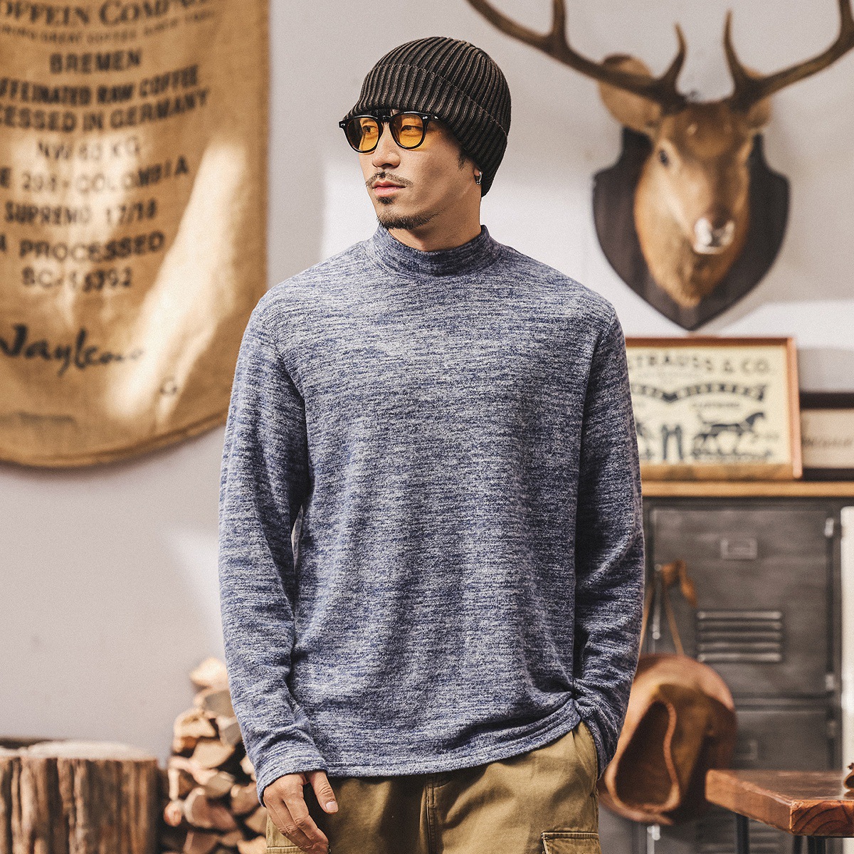 美式重磅復古半高領t恤男長袖2025新款秋季絨感親膚內搭打底衫男