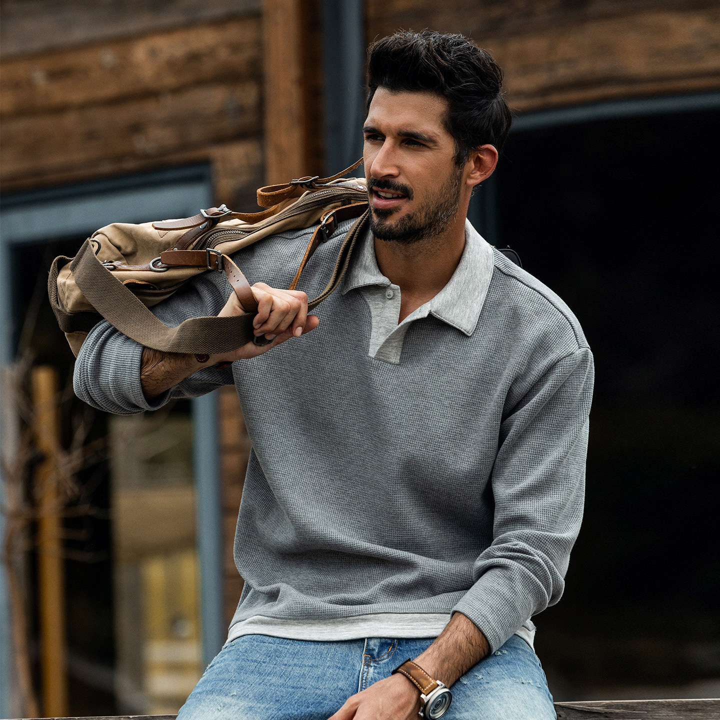 美式重磅復古polo衫男長袖春秋新款潮牌寬鬆華夫格假兩件上衣男款