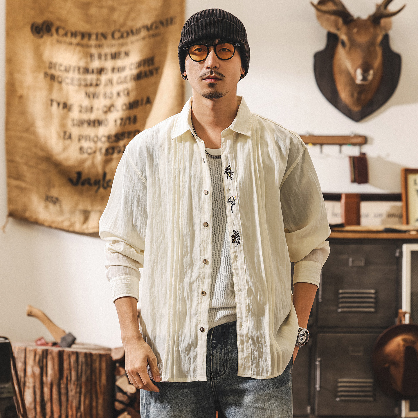 新中式國風刺繡萊賽爾天絲襯衫男春季薄款透氣寬鬆休閒長袖襯衣男