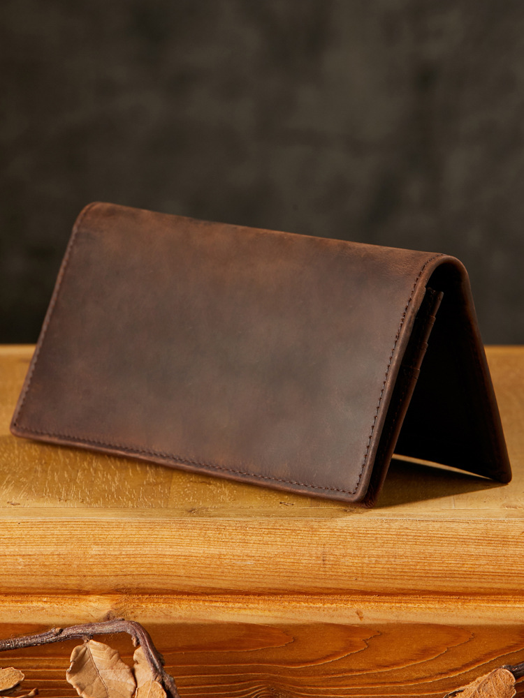 手工真皮男士錢包超薄長款牛皮多卡位皮夾兩折瘋馬皮簡約復古男包