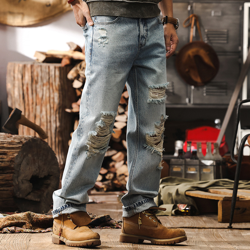 美式高街破洞水洗牛仔褲男春季復古潮牌直筒褲痞帥刮爛乞丐休閒褲