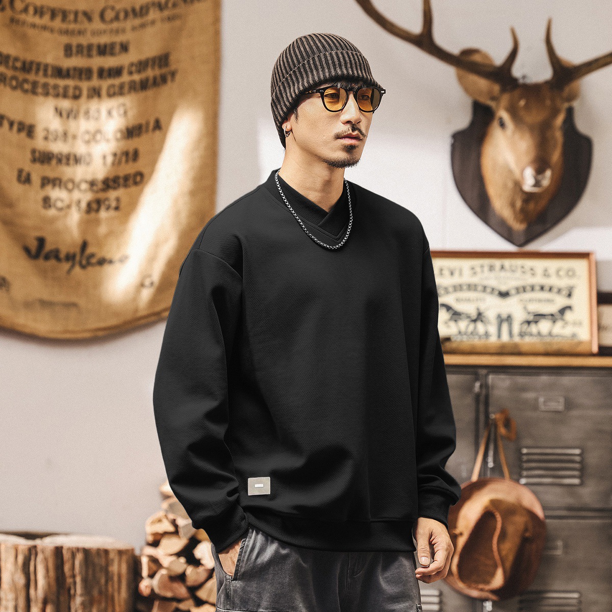 美式重磅復古極簡V領衛衣男春秋潮牌2025新款內搭寬鬆休閒上衣男