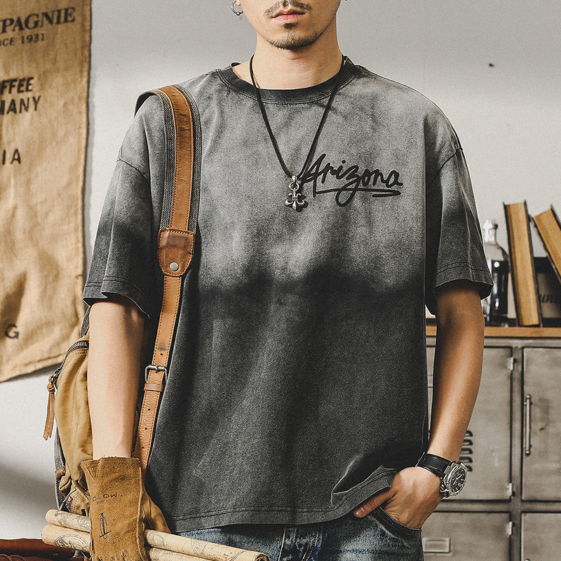 杰雷諾美式復古短袖T恤男夏季漸變扎染做舊親膚重磅衣服半袖