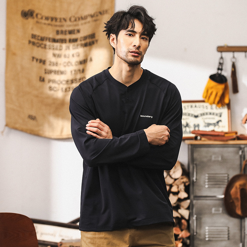 美式復古亨利領長袖T恤男秋季潮牌硬漢戶外透氣薄款男士寬鬆上衣