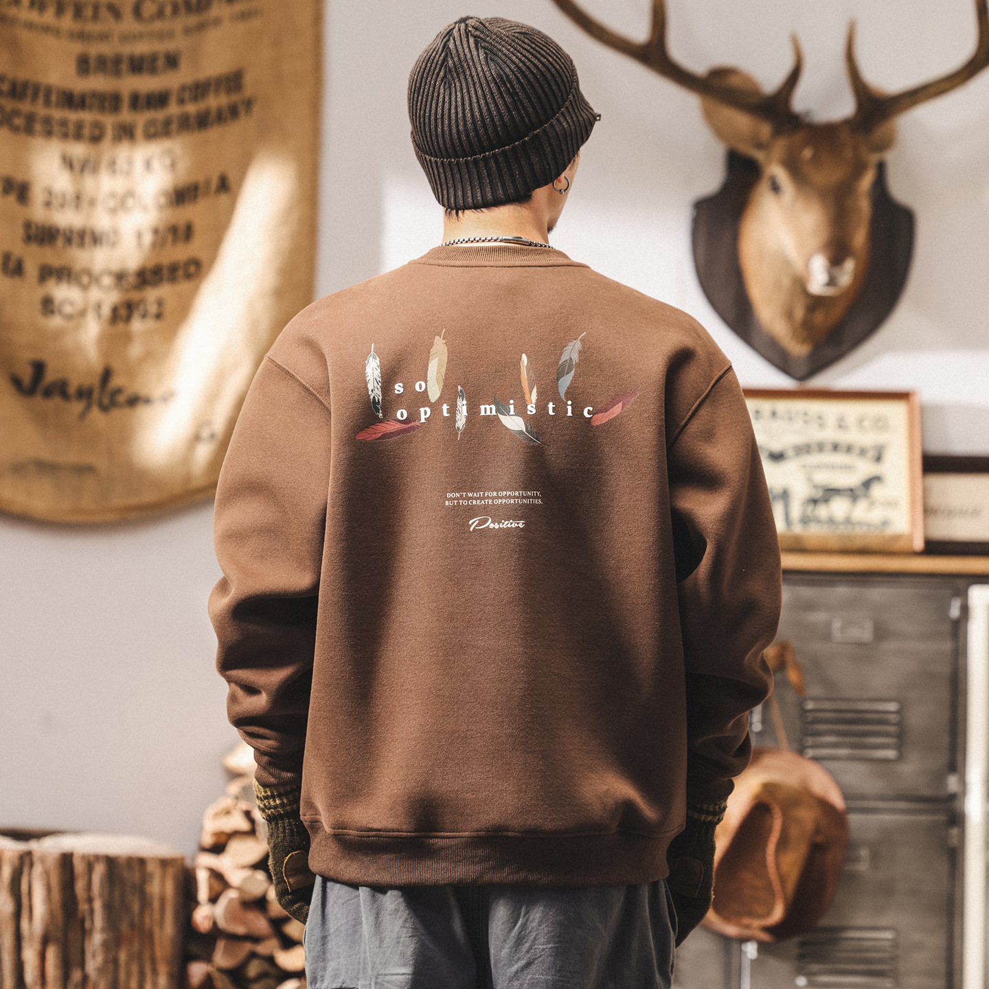 美式復古420g重磅衛衣男春秋新款圓領長袖寬鬆休閒潮流印花上衣男