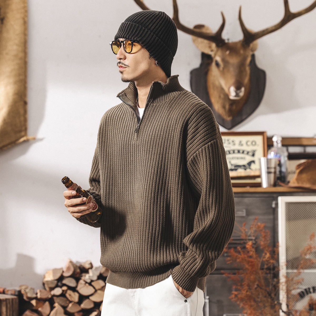 美式復古重磅毛衣男秋冬季潮牌寬鬆拉鍊半高領針織衫男士春秋外套