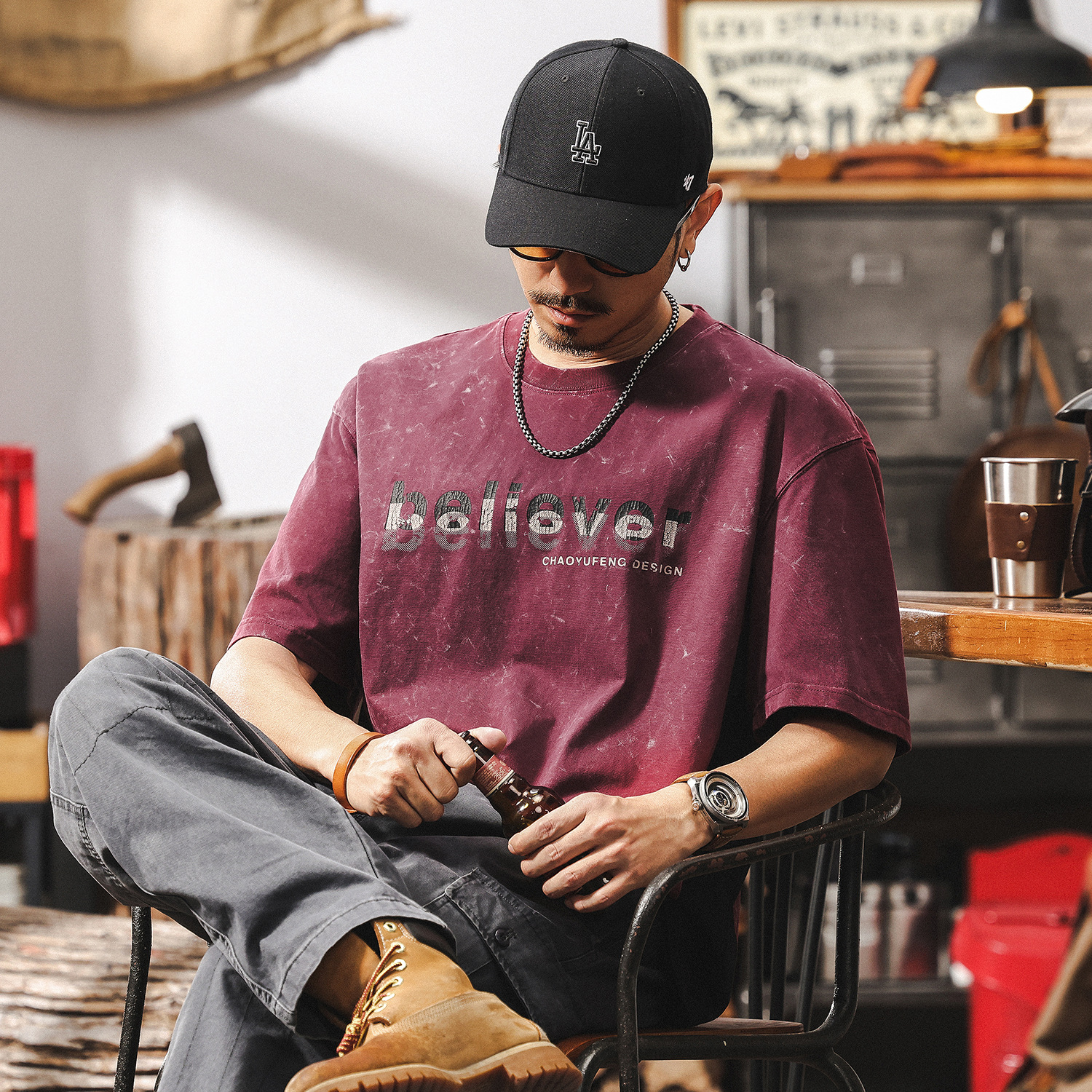 美式復古做舊水洗重磅T恤男夏季短袖2025新款潮牌酒紅色上衣