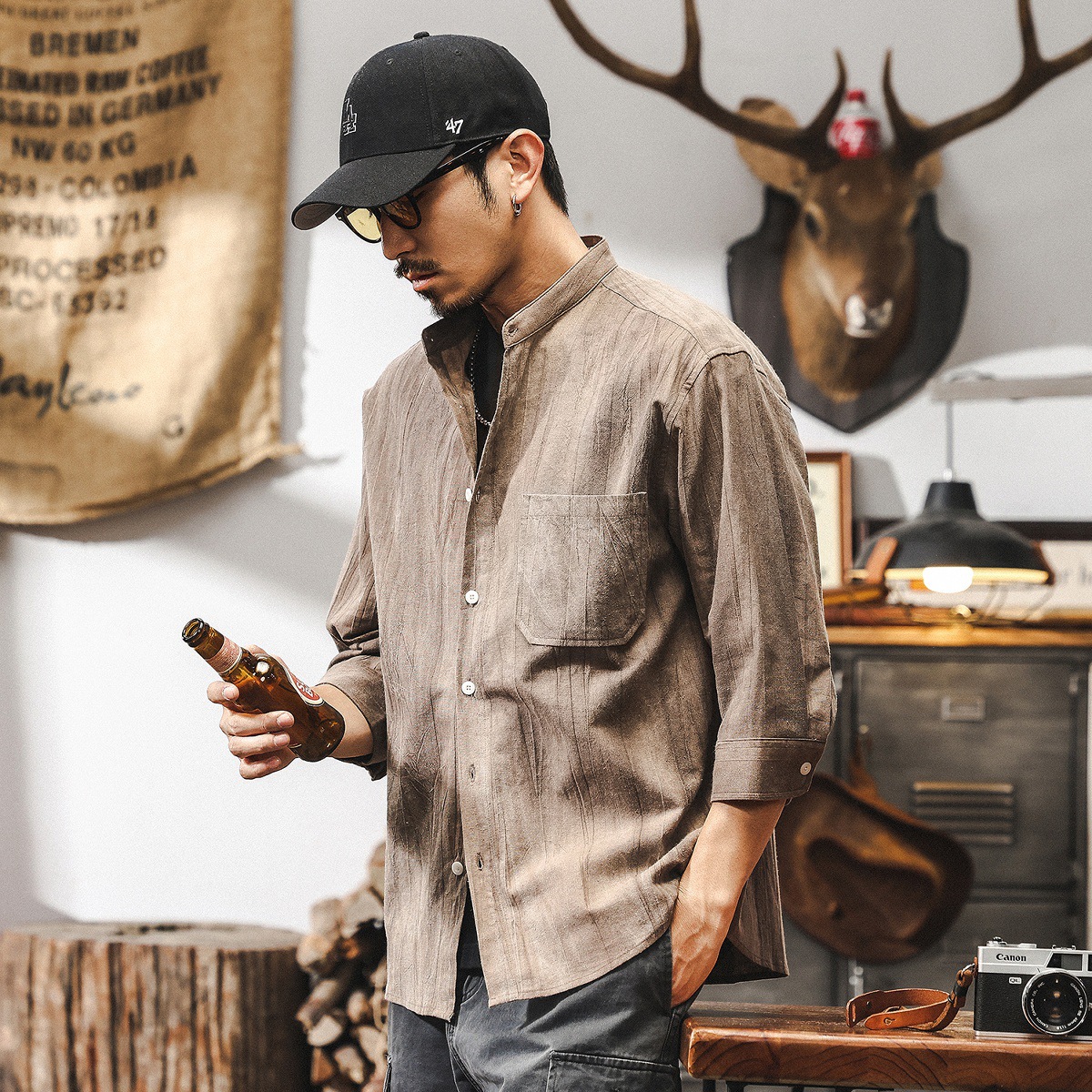 高級感棉麻七分袖襯衫男2025新款短袖男夏季薄款復古立領潮牌襯衣