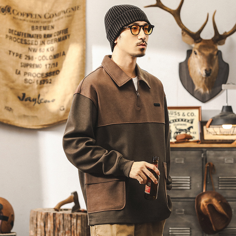 美式復古360g重磅衛衣男秋季2024新款潮流設計感拼接口袋POLO衫男