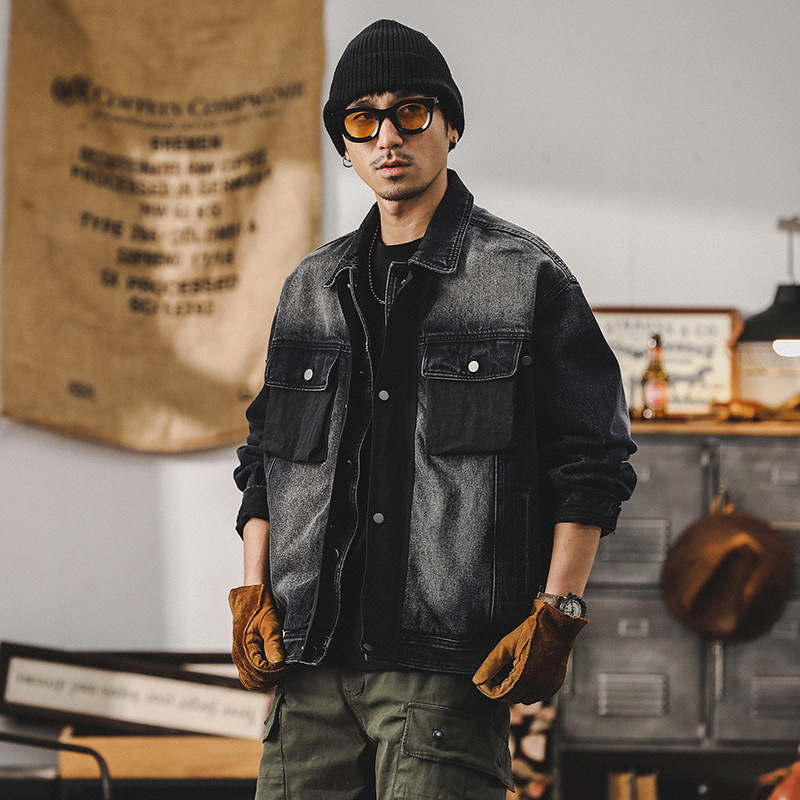 春季黑色牛仔外套男潮牌拼接高級感2024新款痞帥美式工裝休閑夾克
