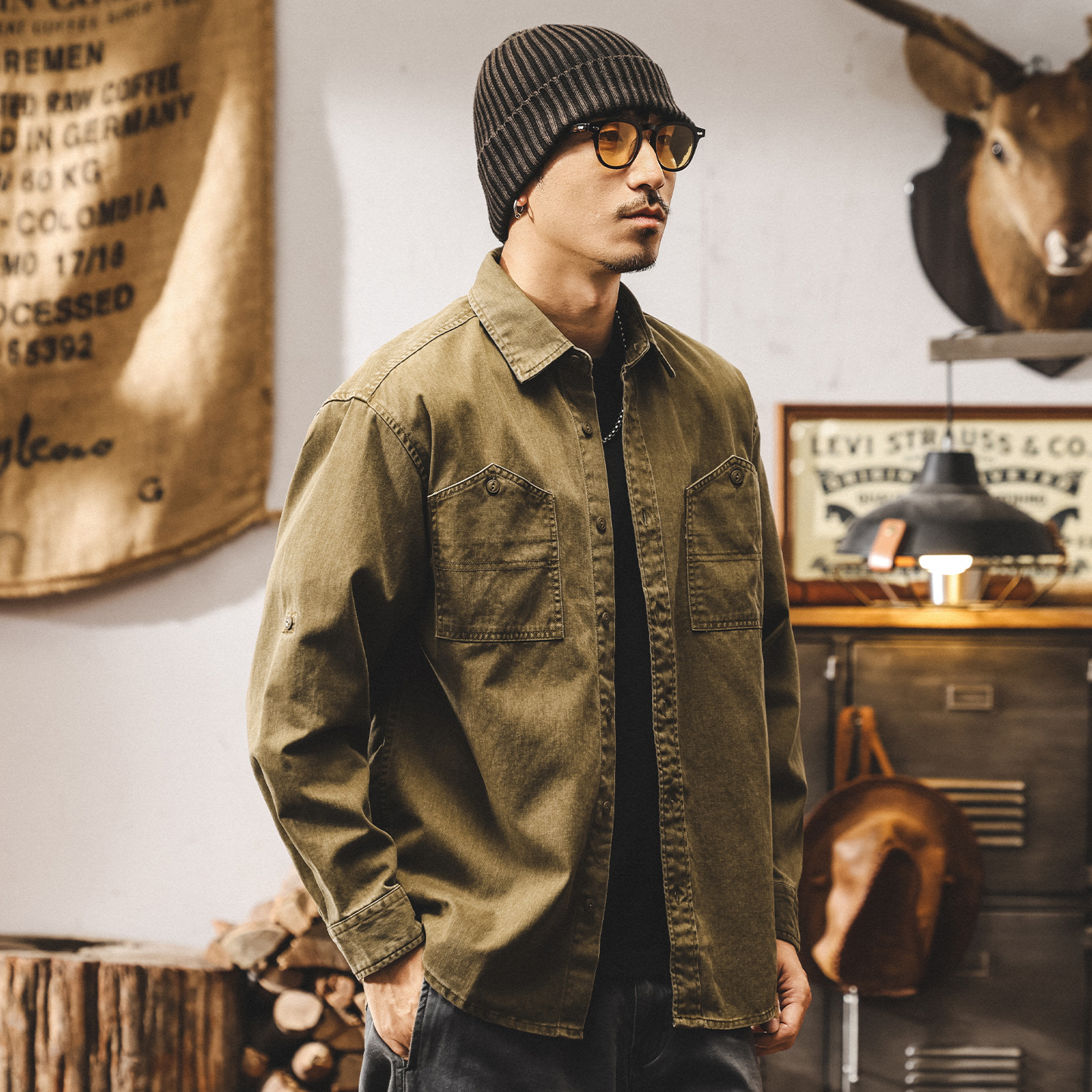 美式復古工裝襯衫男長袖2025新款秋季洗褪仿牛仔外套男春秋款襯衣