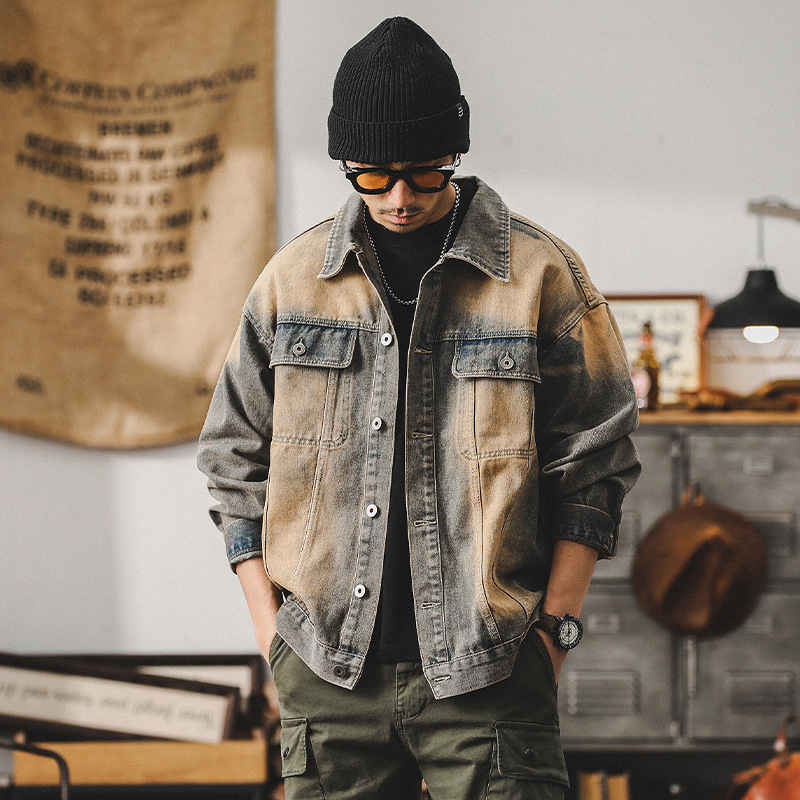 美式經典復古做舊牛仔外套男春季痞帥個性賽博朋克廢土風工裝夾克