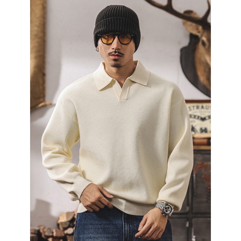 美式復古海鷗領毛衣男秋冬款寬鬆潮牌簡約馬球領休閒針織衫男秋季