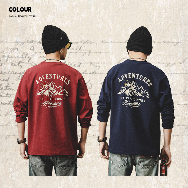 春季新款260g重磅T恤男長袖戶外山系印花2024年潮牌男士上衣