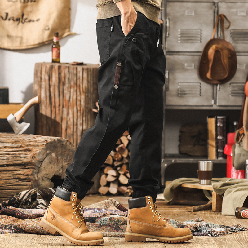 杰雷諾美式復古工裝褲子男秋冬2024新款潮牌寬鬆束腳黑色休閒褲男