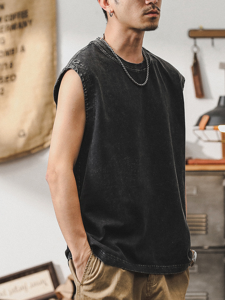 美式做舊水洗背心男款潮流夏季運動無袖男T恤健身寬鬆坎肩上衣潮