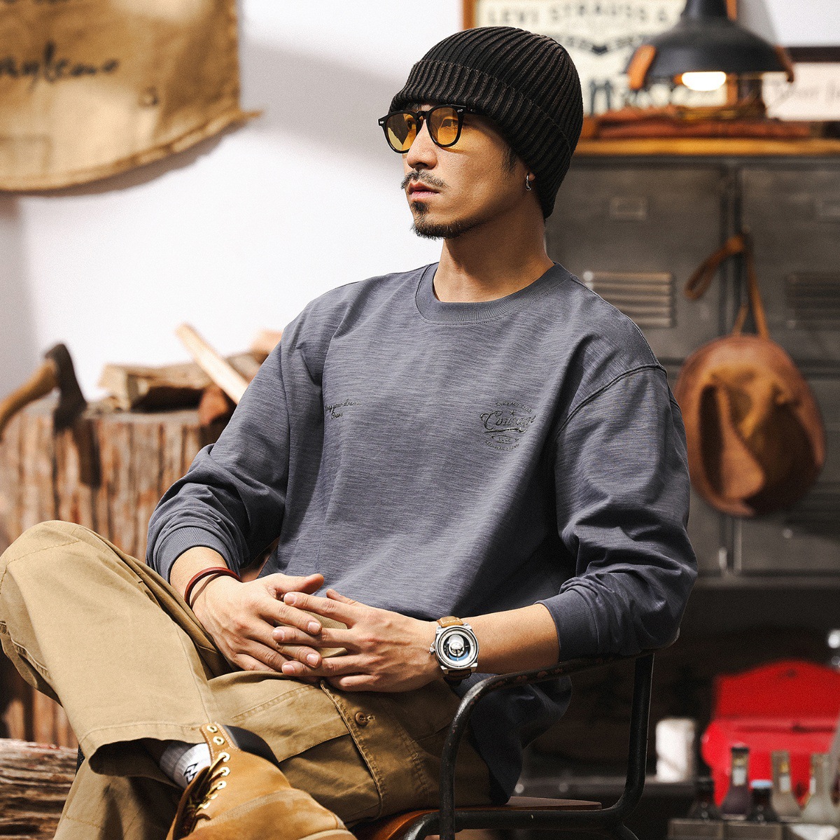 竹節棉長袖T恤男春季寬鬆2025新款美式復古潮牌寬鬆簡約休閒上衣