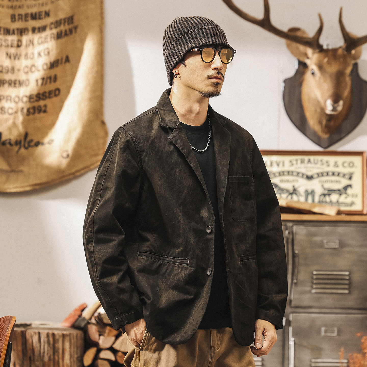 美式復古斑駁做舊西裝外套男春秋新款寬鬆工裝夾克男秋季男式西服