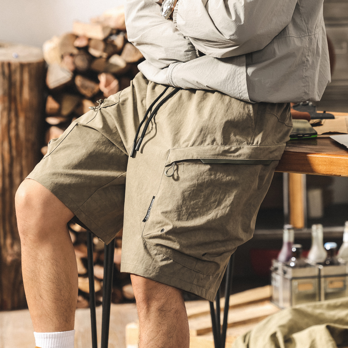 軍綠色工裝短褲男夏季新款戶外機能風美式潮牌五分褲寬鬆休閒中褲