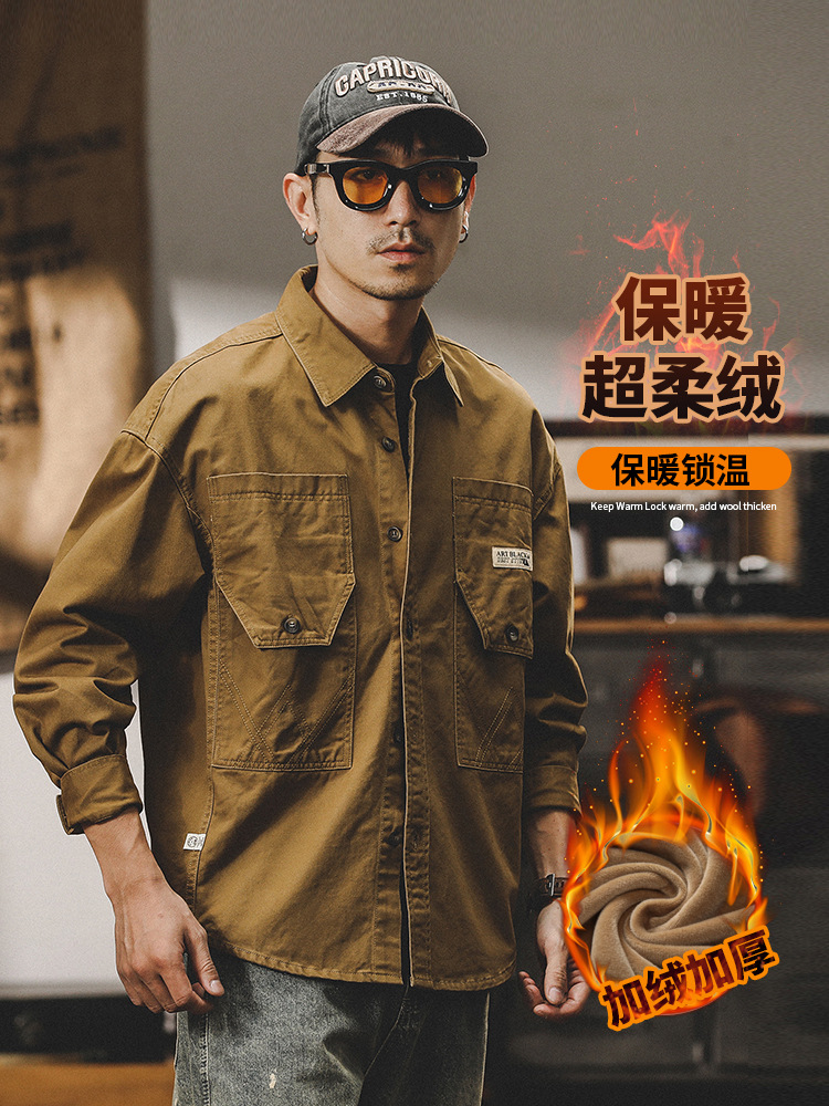 美式水洗重磅工裝夾克外套男2024新款寬鬆潮牌春季襯衫男長袖襯衫