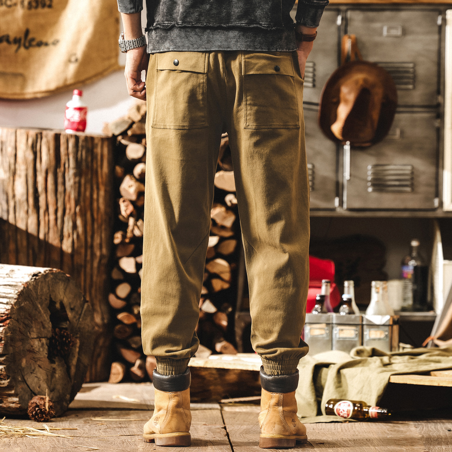 美式復古卡其色工裝褲子男士秋季新款戶外潮牌寬鬆束腳男褲休閒褲