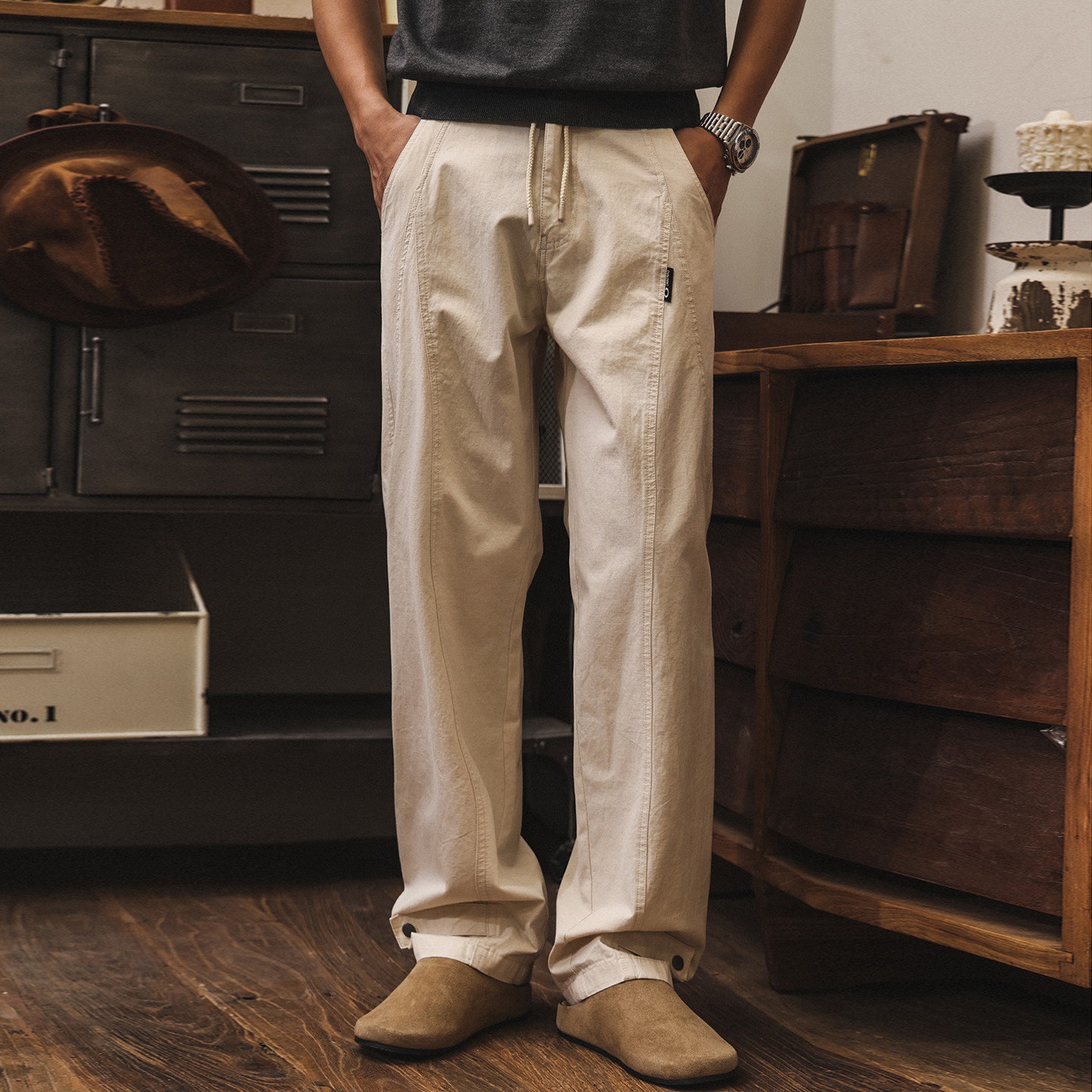 美式復古老錢風亞麻褲子男夏季薄款透氣寬鬆慵懶鬆弛感休閒長褲男
